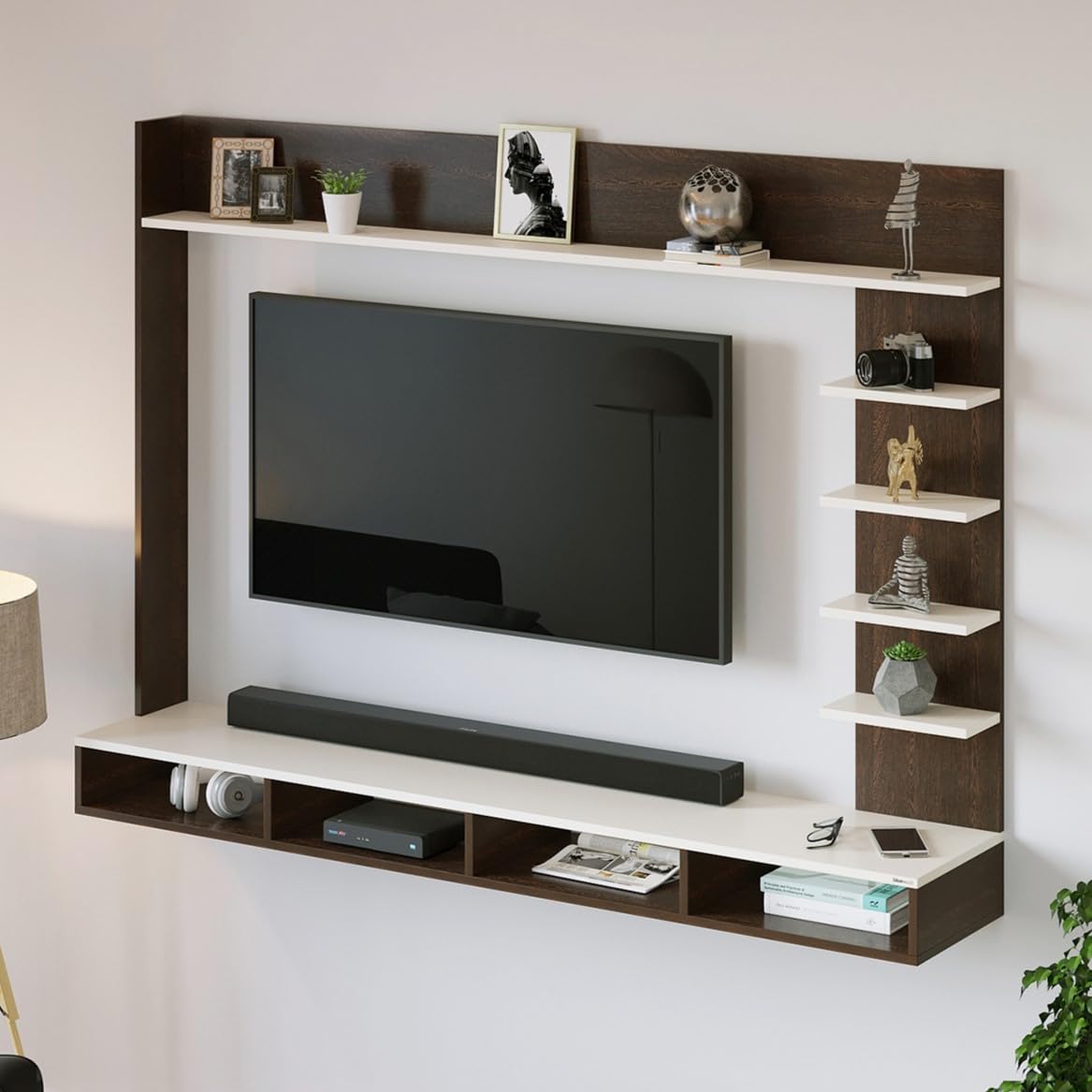 BLUEWUD Primax Grande Large Engineering Wood Wall Mount TV Entertainment Unit Set Top Box Stand/TV Cabinet with Shelves for Books & Décor Display Unit, Ideal for 50” (Wenge & White)-image-36