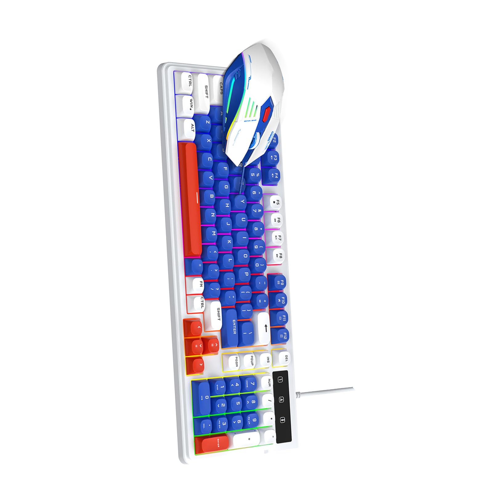 Irfora Podświetlana RGB Klawiatura do Gier i Mysz Combo Kompaktowy Układ Przewodowe Ciche Klawisze USB na PC 98SE/ME/2000/XP/Vista/7/10 dla Graczy (Biały Niebieski)