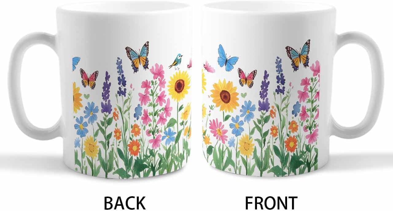 BEMIGO Ceramic Coffee Mug Cartoon Sunflower Butterfly Ceramic Mug White Cup, Spring Flower Insulated Coffee Cup with Handle with Pattern Perfect for Tea and Hot Beverages, 12oz