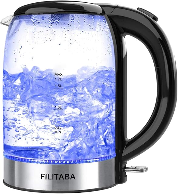 Electric Kettle, 1.7L Glass Water Kettle with Blue LED Indicator Light, BPA-Free Electric Tea Kettle with Boil-Dry Protection and Auto Shut-Off, Fast Boiling