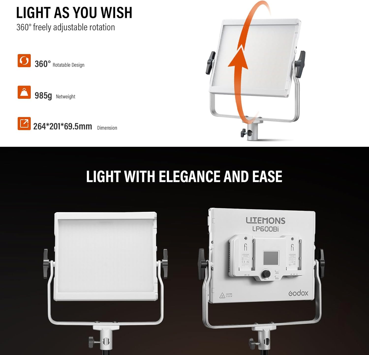Godox Litemons LP600Bi 60W Bi-color LED Light Panel 2-Light Kit, 2-Pack with Light Stand, Carrying Case, Battery Power, 2800-6500K, 9020lux@0.5m,APP Control for YouTube Video Recording, Live Streaming