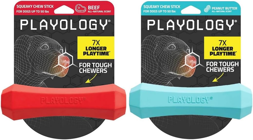 Playology Squeaky Chew Stick Dog Toys, Beef Scented & Peanut Butter Scented for Medium Dogs up to 50 lbs | Engaging All-Natural Scented Dog Chew Toy for Tough Chewers | Easy to Clean & Non-Toxic Mater