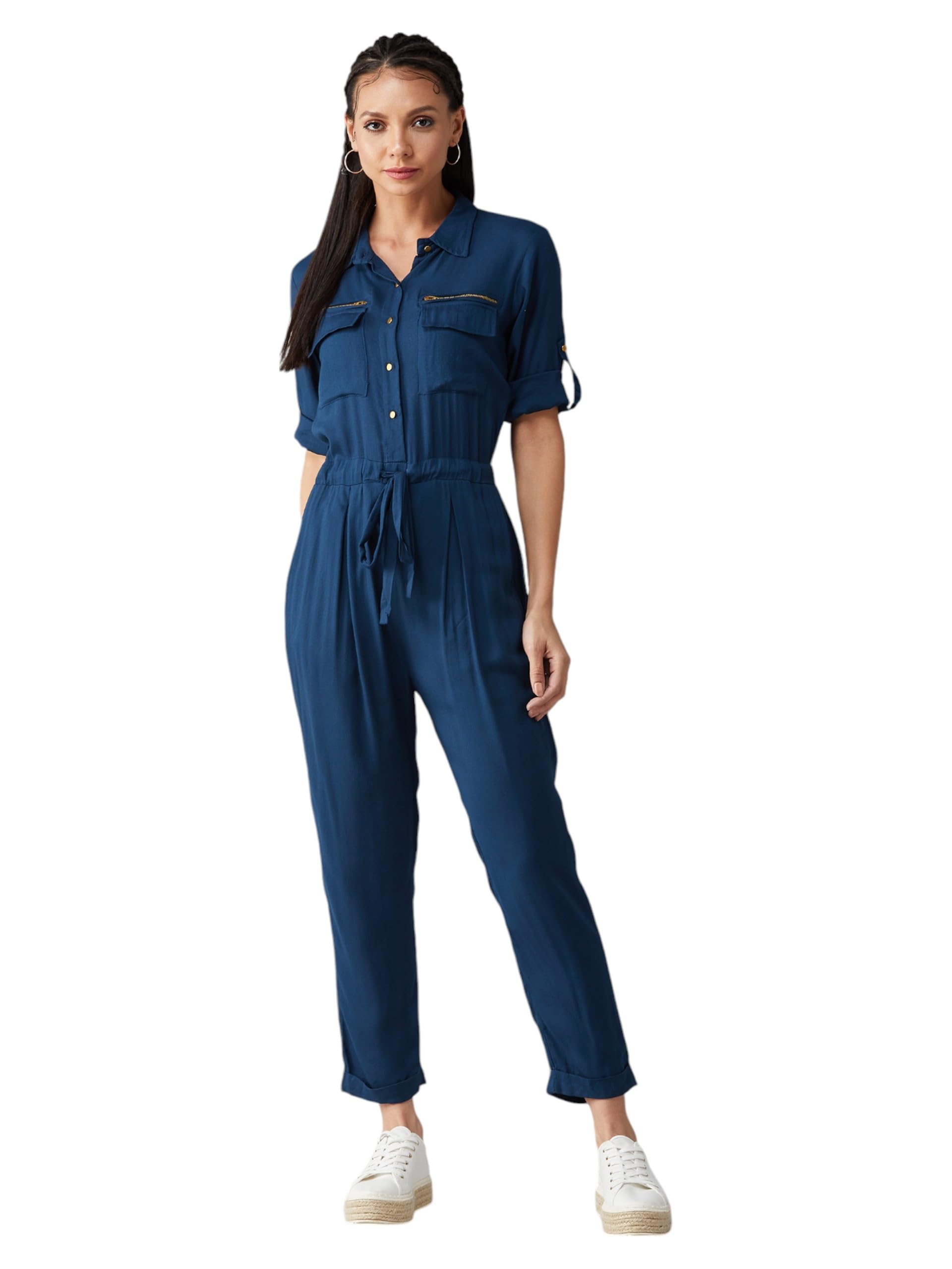 dolce crudo Women's Collared V-Neck 3/4 Sleeves Wrap Jumpsuit-picture-14