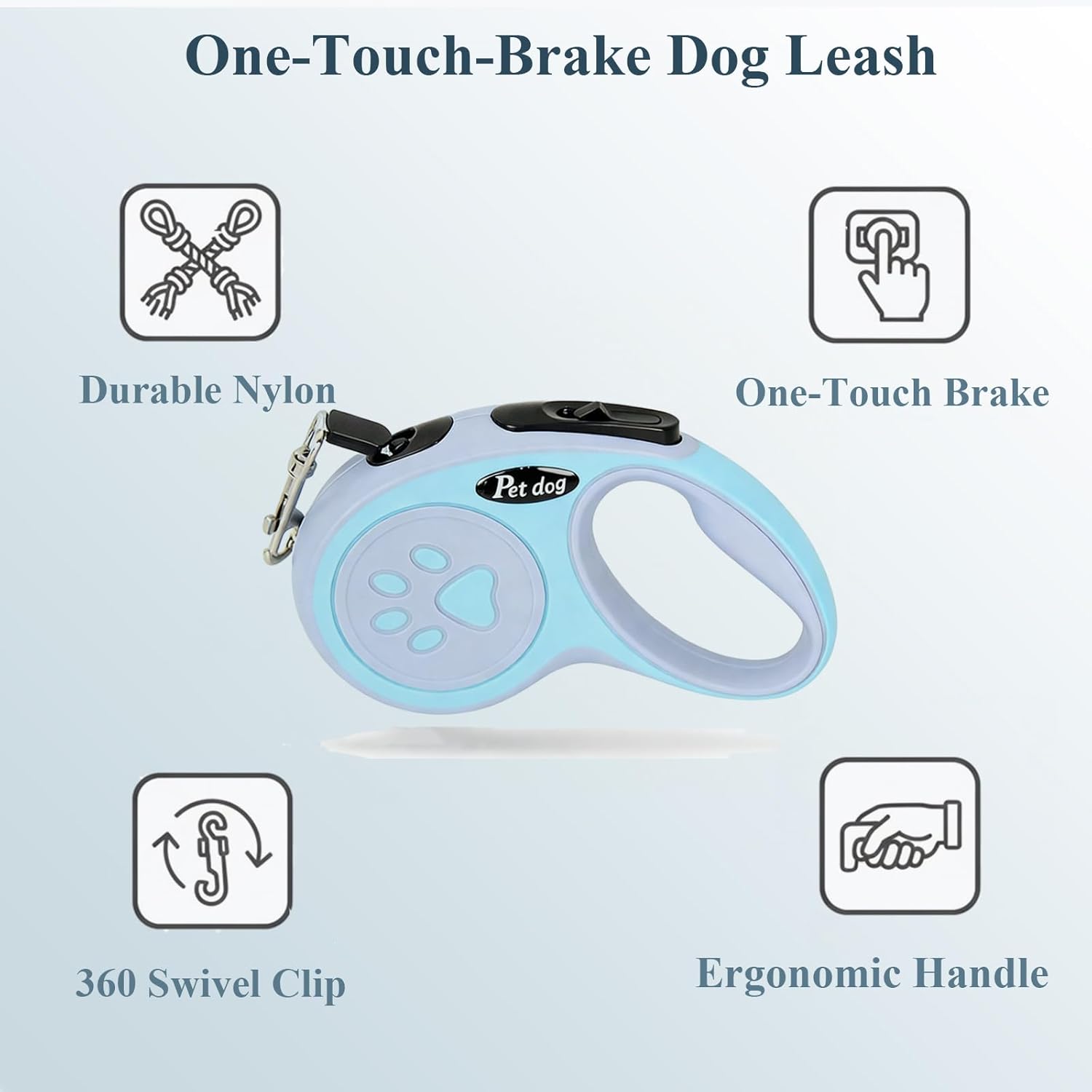 TerraKin 360° Tangle-Free Retractable Dog Leash for Small to Medium Dogs - 16ft Durable Nylon Tape with One-Hand Brake, Pause & Lock, Paw-Shaped Anti-Slip ABS Handle, Blue