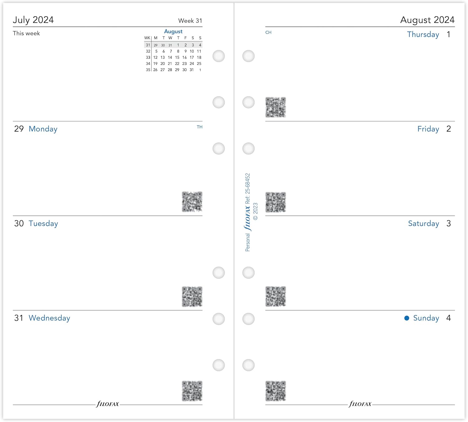 Filofax Personal week on two pages mid year diary August 24 - July 25