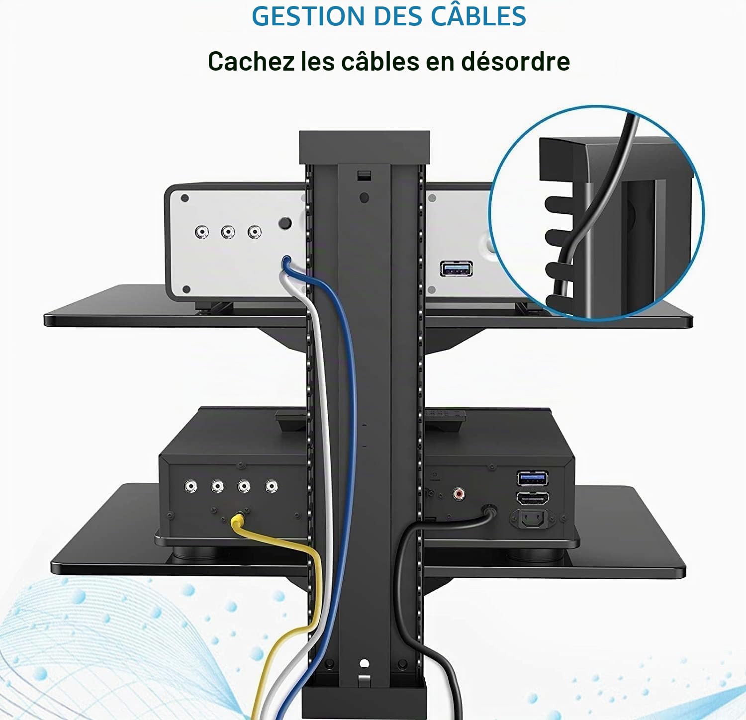 suptek Étagère Murale 2 Niveaux, Support en Verre Trempé, Hauteur Réglable avec Gestion de Câbles, 2 Flottantes Étagères Compatible avec Console de Jeux, Décodeur, Lecteur DVD, Noir, CS202