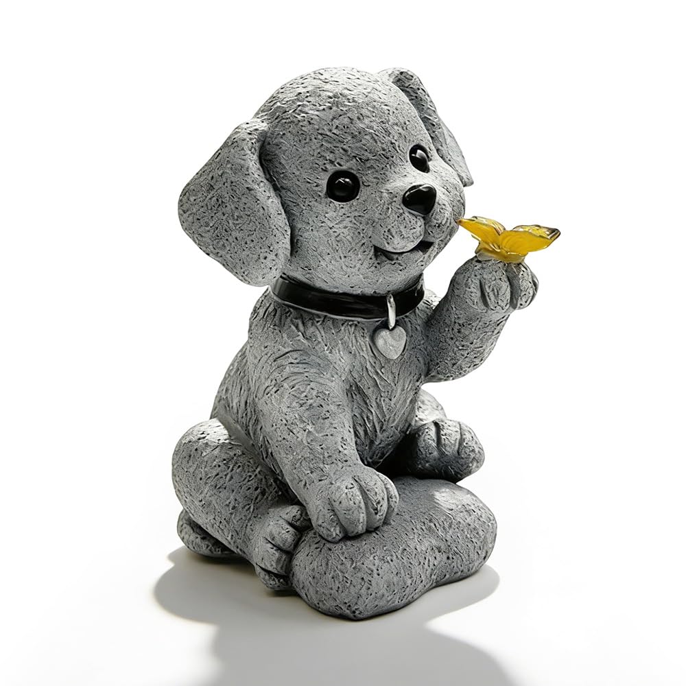 Figurine de Chien Solaire, Statue Solaire de Jardin Chien Ornament Outdoor avec Papillons Figurine d'animal de Jardin Lumière Solaire Statue Jardin Exterieur pour Cadeau de Pendaison de Crémaillère