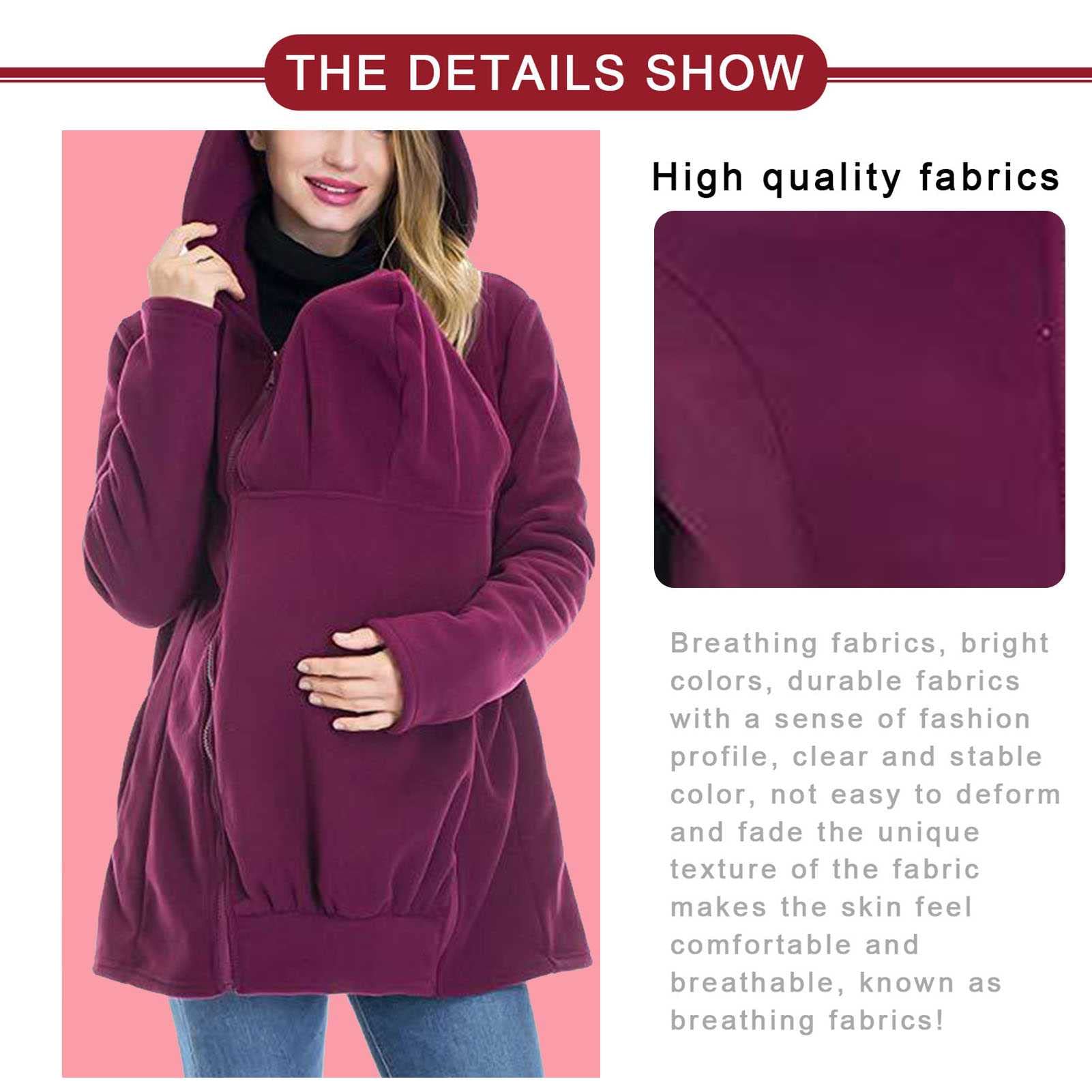 Manteau Grossesse Hiver Maternité, 2 en 1 Maternité Sweats à Capuche Polaire Kangourou Blouson Poignets Élastiques Manteau