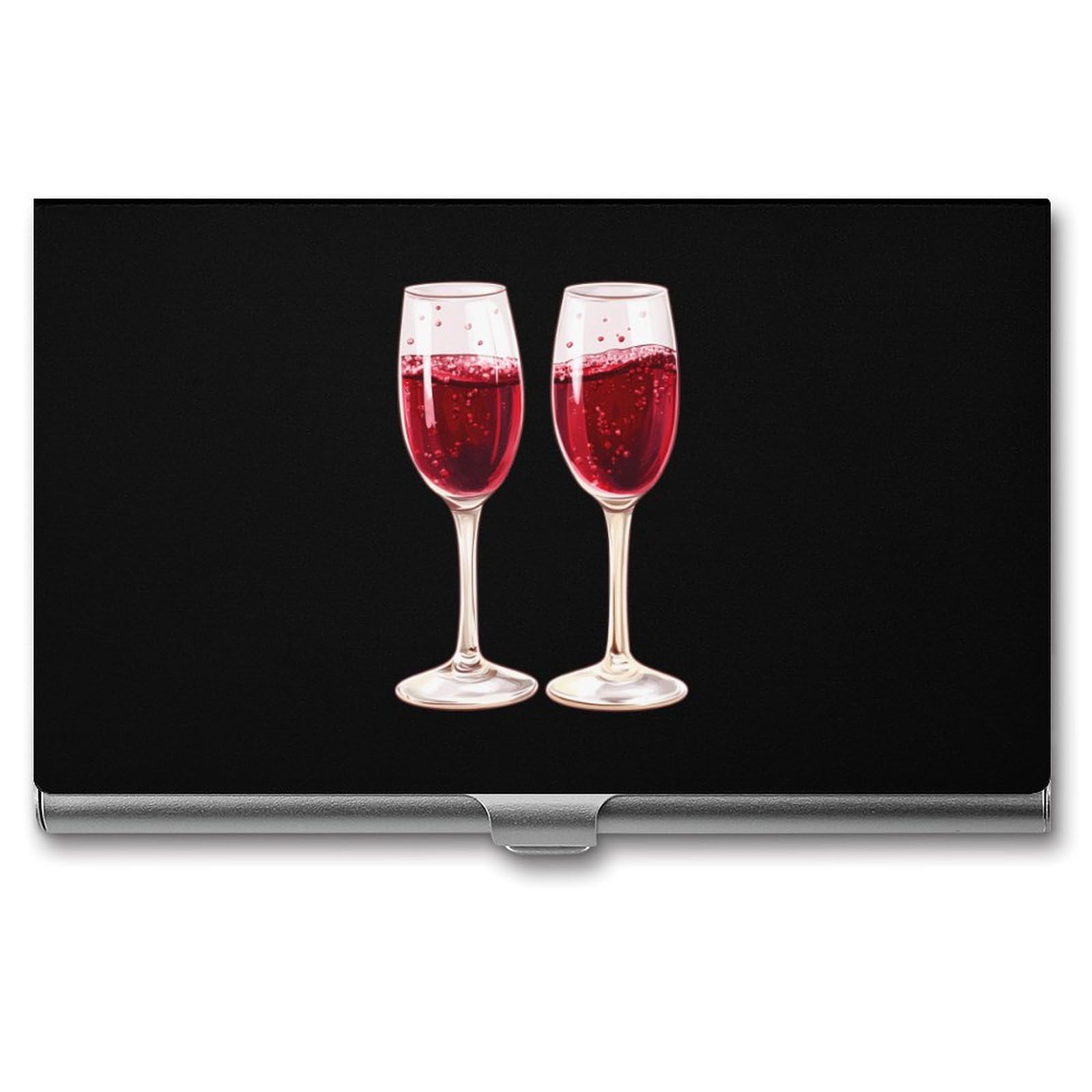 Champagne Red Wine Glasses Slim Business Card Holder Wallet for Men & Women Pocket Metal Case 3.7x2.2x0.3 Inches