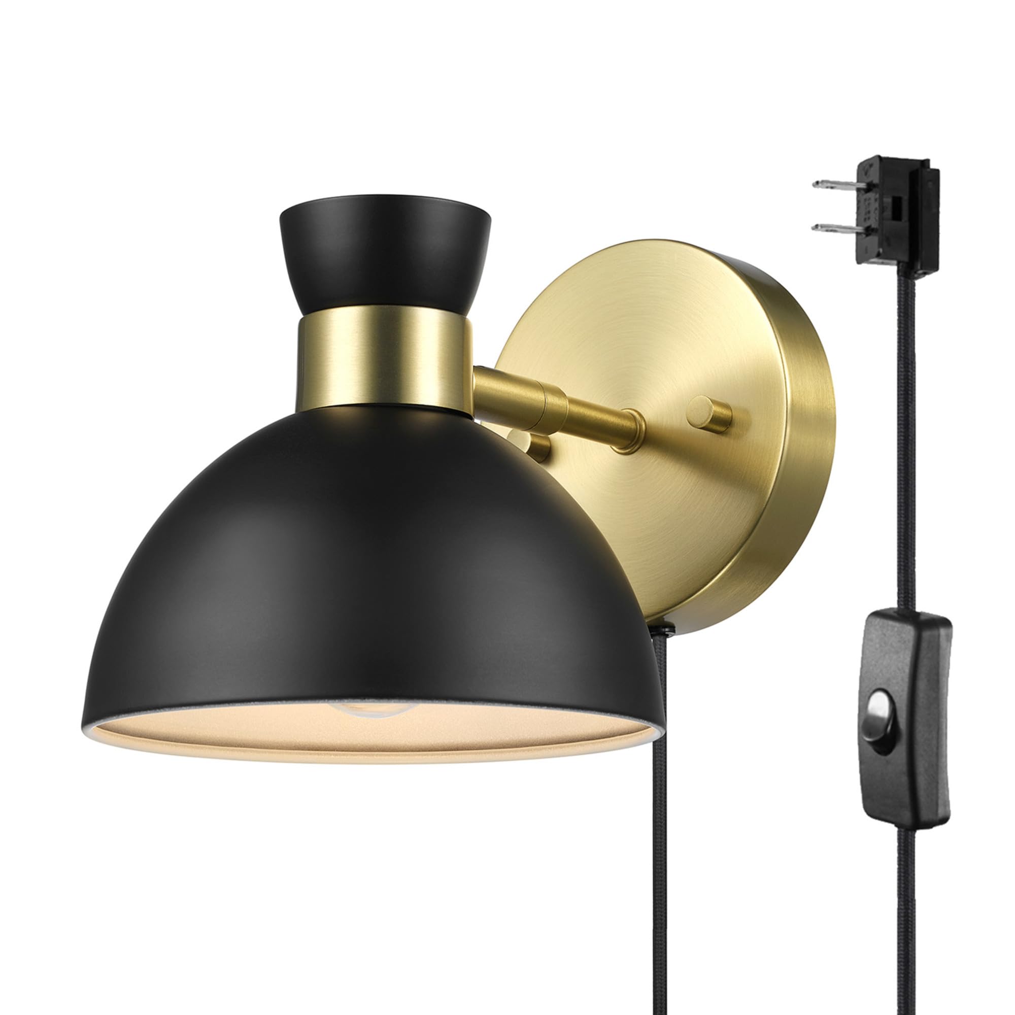 GLOBE Electric 65000100 1-Light Plug-in or Hardwire Wall Sconce, Matte Brass, Matte Black Pivoting Metal Shade, 6ft Black Cord, in-Line Rocker Switch, Wall Lights for Living Room, Home Décor