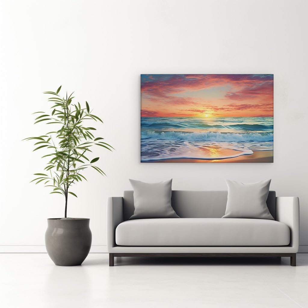 Canvas for Living room. Sunset Serenade: A Radiant Seascape of Waving Foam and Pastel Skies, 27 x 18 inch Canvas Wall Art - Contemporary Masterpieces - Modern Home Decor