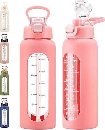 Bolttles de agua de vidrio de 32 onzas con pajilla, botella de agua motivacional grande con marcador de tiempo, botellas de agua deportivas con