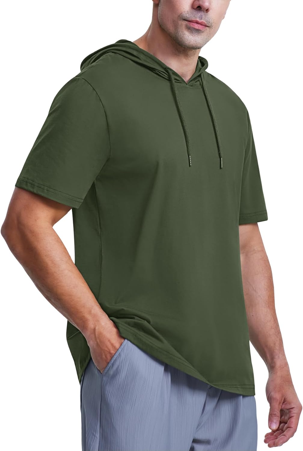 EKLENTSON Mens Short Sleeve Hoodies Workout Muscle Gym Hooded T-Shirts Cotton Athletic Lightweight Sweatshirt Pullover - Image 2