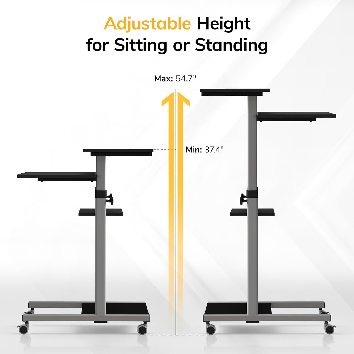 Mount-It! Rolling Desk Adjustable Height up to 54.7", Portable Standing Desk for Laptop or Podium Stand with Wheels, Mobile Roller Presentation Cart, Computer Work Station 27.5" Wide, Locking Wheels
