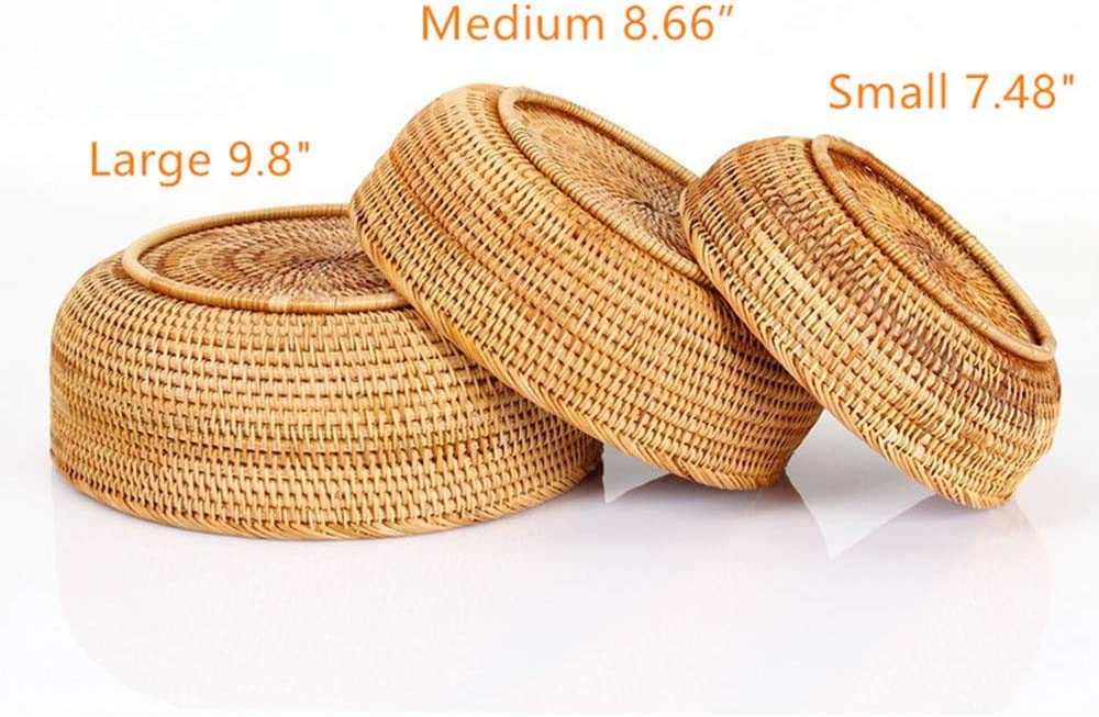 Hadewoven okrągły rattanowy kosz na owoce wiklinowy taca na żywność tkany uchwyt do przechowywania miska do jadalni, 25 cm tkany kosz na chleb miski na klucze ze ścianą 9 cm na stół, blat (średni 22 cm)