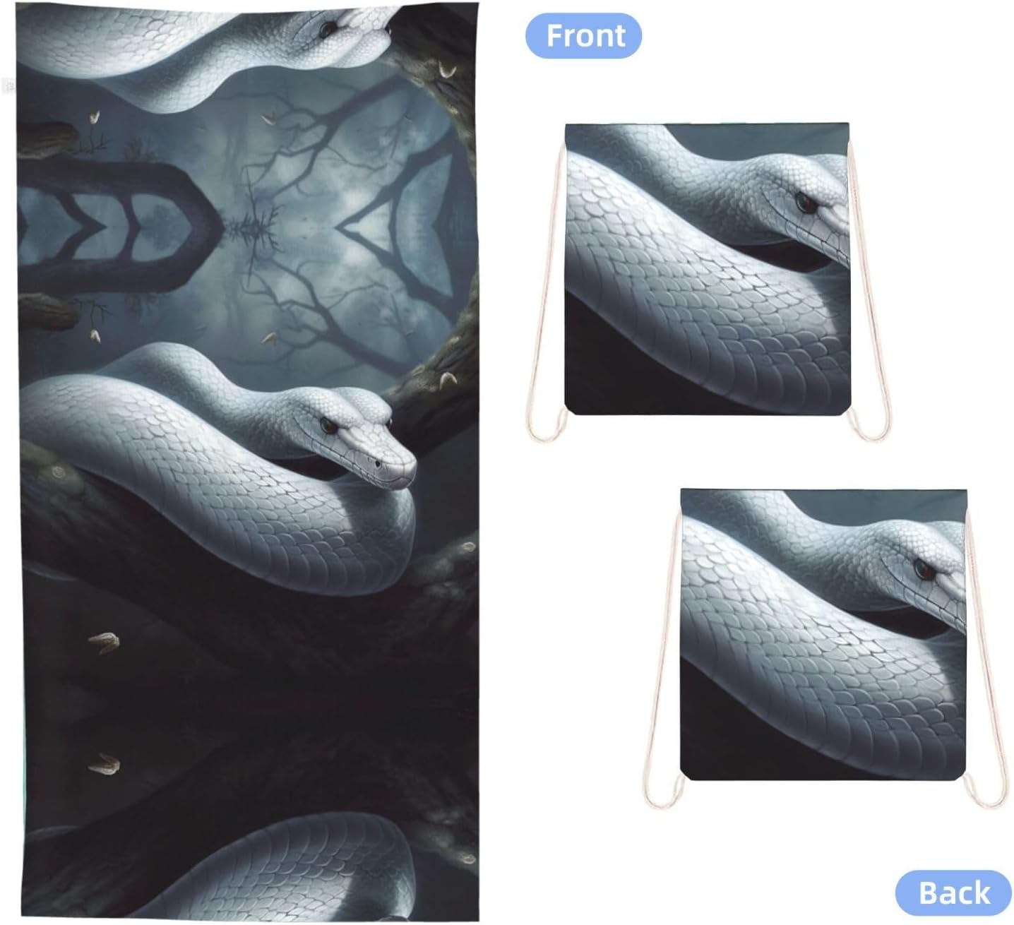 2 in 1 Packable Towel Bag,Soft Absorbent Pool Towels Backpack Quick Dry Lightweight Beach Towels White Snake Drawstring Bag for Travel Camping Sports Picnic image 2
