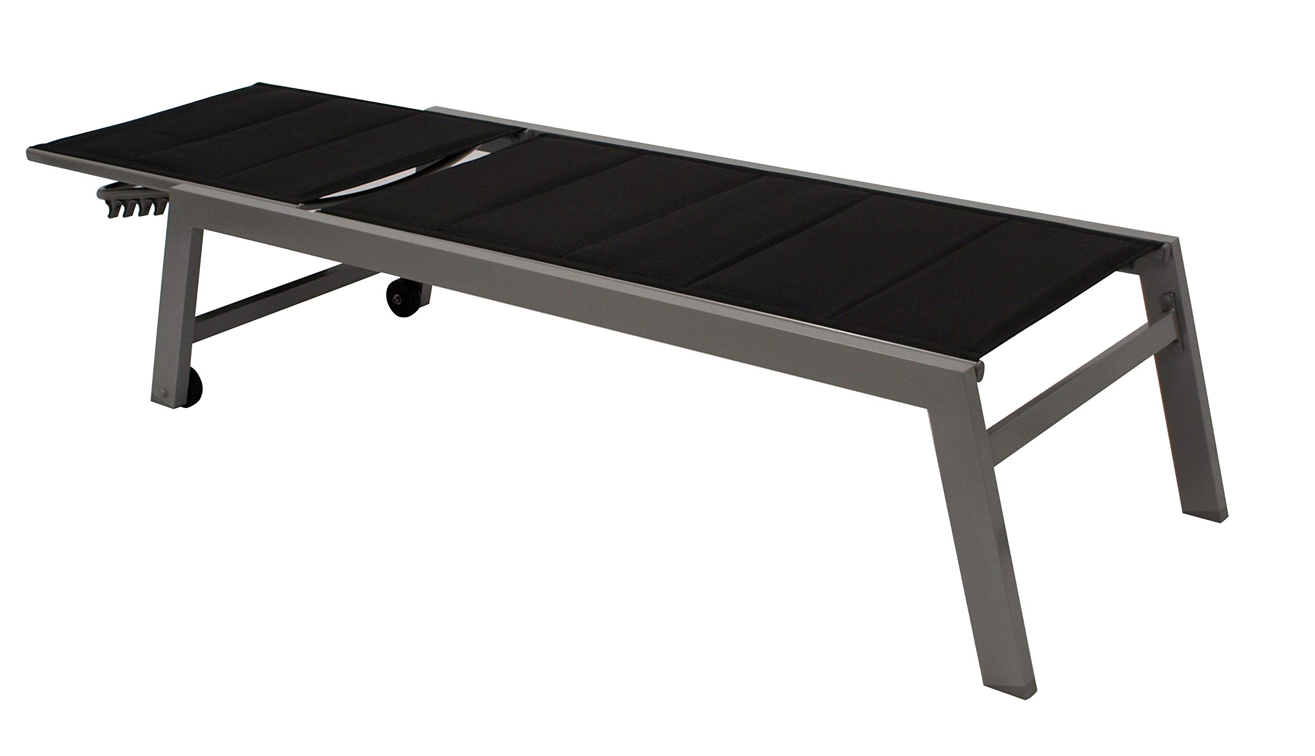 DEGAMO XL Gartenliege Rollenliege GIRONA II 205cm, extra hohe Liegefläche 43cm, Rahmen Aluminium Silbergrau, Bezug Kunstgewebe schwarz gepolstert, wetterfest, Outdoor