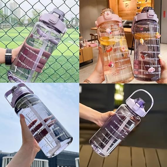 Image of 2 L Capacity Belt Straw Transparent Water Bottles| Leakproof Durable Non-Toxic Sipper | |Best Usage for School /College /office /Travel Bottle | BPA-Free Fitness Sports Bottle (PURPLE)