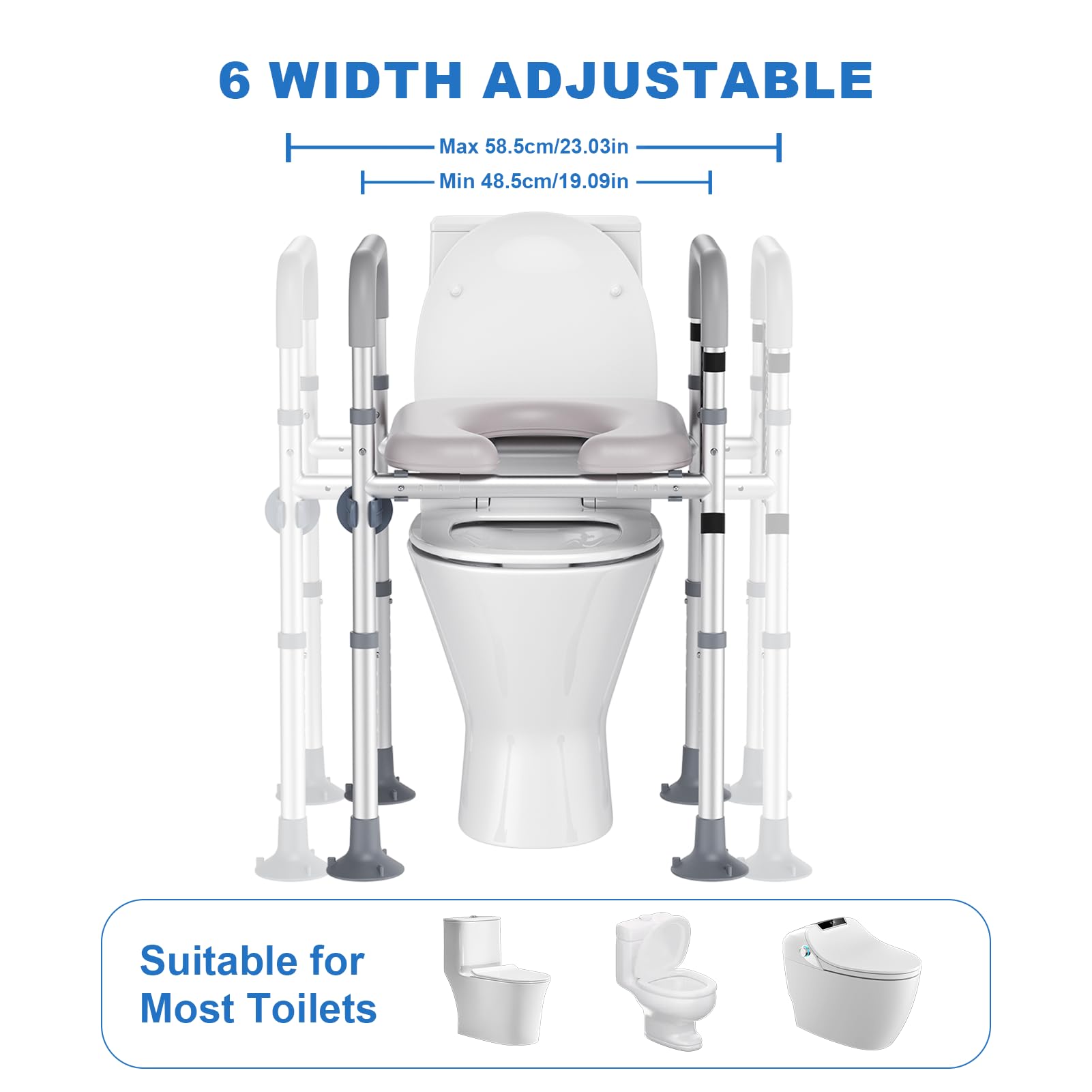 Rialzo WC per Anziani, Alzata per WC con Altezza e Larghezza Regolabili, Alza Water x Anziani con Braccioli per Anziani, Seduta Imbottita e Telaio in Alluminio, Adatto a Qualsiasi WC, Portata 150 kg