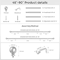 Vista 19 de Hei!Dear Barras de cortina para ventanas de 28 a 48 pulgadas (2.3 a 4 pies), ajustable de 5/8 pulgadas, barra de cortina decorativa de alta