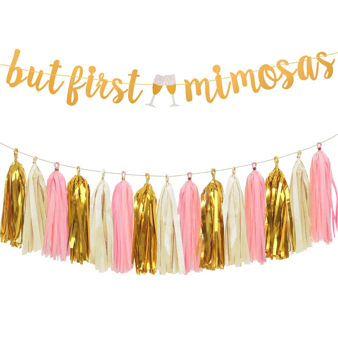 AonorGold Mimosa Bar Bridal Shower Decorations Supplies – Glittery But First Mimosas Banner and Tissue Paper Tassels Garland for Wedding Baby Shower Party Bar Sign Decorations