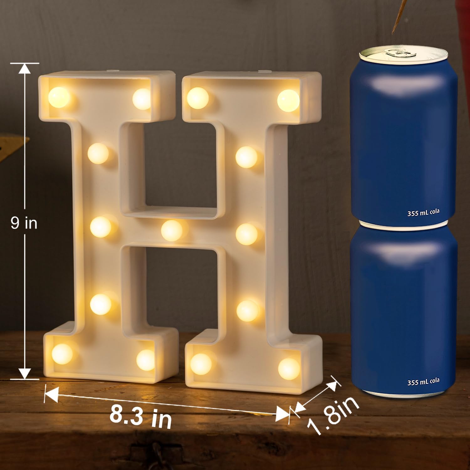 HXWEIYE Light Up Letters H, 8.57 Inch LED Marquee Letter Lights Sign 26 Alphabet and 10 Number Big Lights Letter for Party Birthday Bar Battery Powered Christmas Decor (9 * 8.3 * 1.8IN)-Warm White