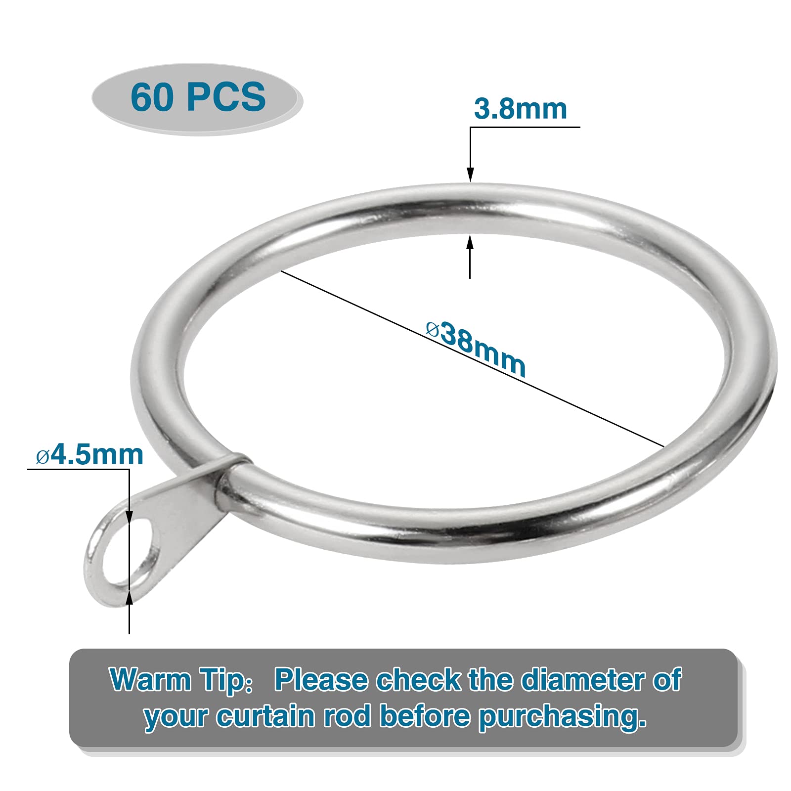 60 Pezzi Anelli per Tende in Metallo Anelli Bastone Tenda Anti Ruggine per Tenda Anelli Appesi per Tende e Canne, 37mm/38mm Diametro Interno (Argento)