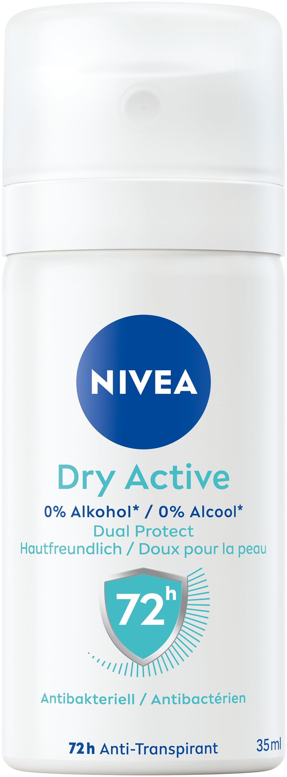 Beiersdorf Mujer Desodorante Nivea Dry Active Tamaño De Viaje, Sin Alcohol Etílico Para 72 Horas, Protección Antitranspirante, Desodorante Antibacteriano Con Fórmula Dual Activa Y Aroma Fresco (35 Ml)