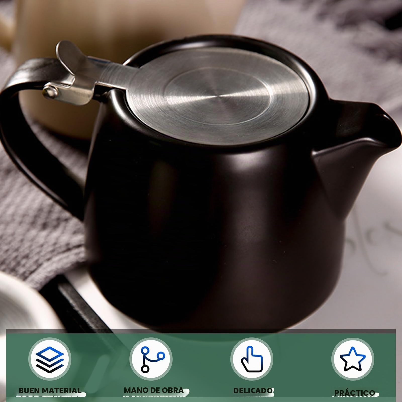 Tetera con colador, 500 ml, tetera de cerámica negra, olla de té de porcelana, accesorios para té suelto, aislada y sin goteo, calor duradero