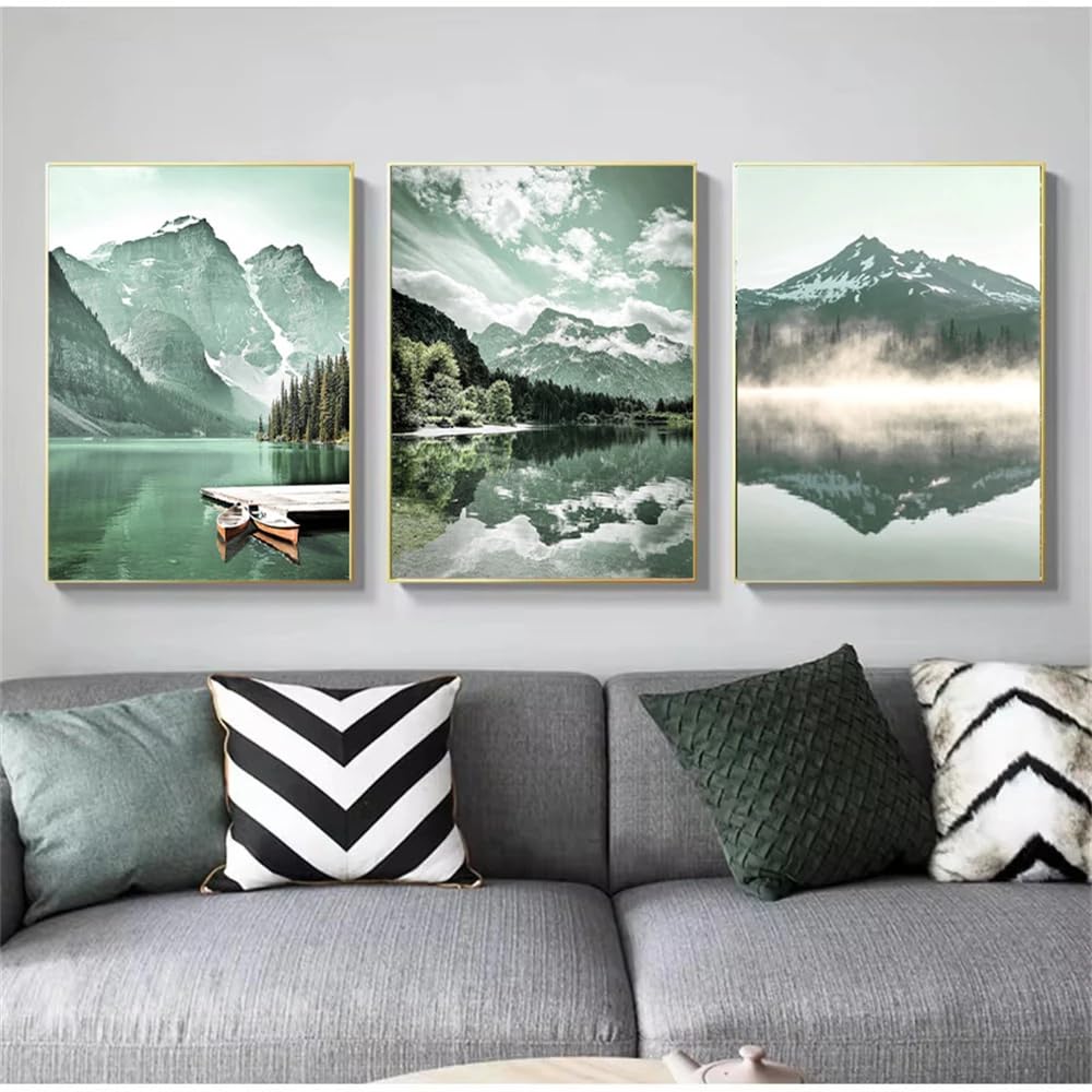 SOBMQ Pictures-Green Lake Forest Mountain Wall Canvas Painting Abstract Poster Print Art Picture For Living Room Bedroom Home Decoration-50 * 60cm-3PCS (No Frame)