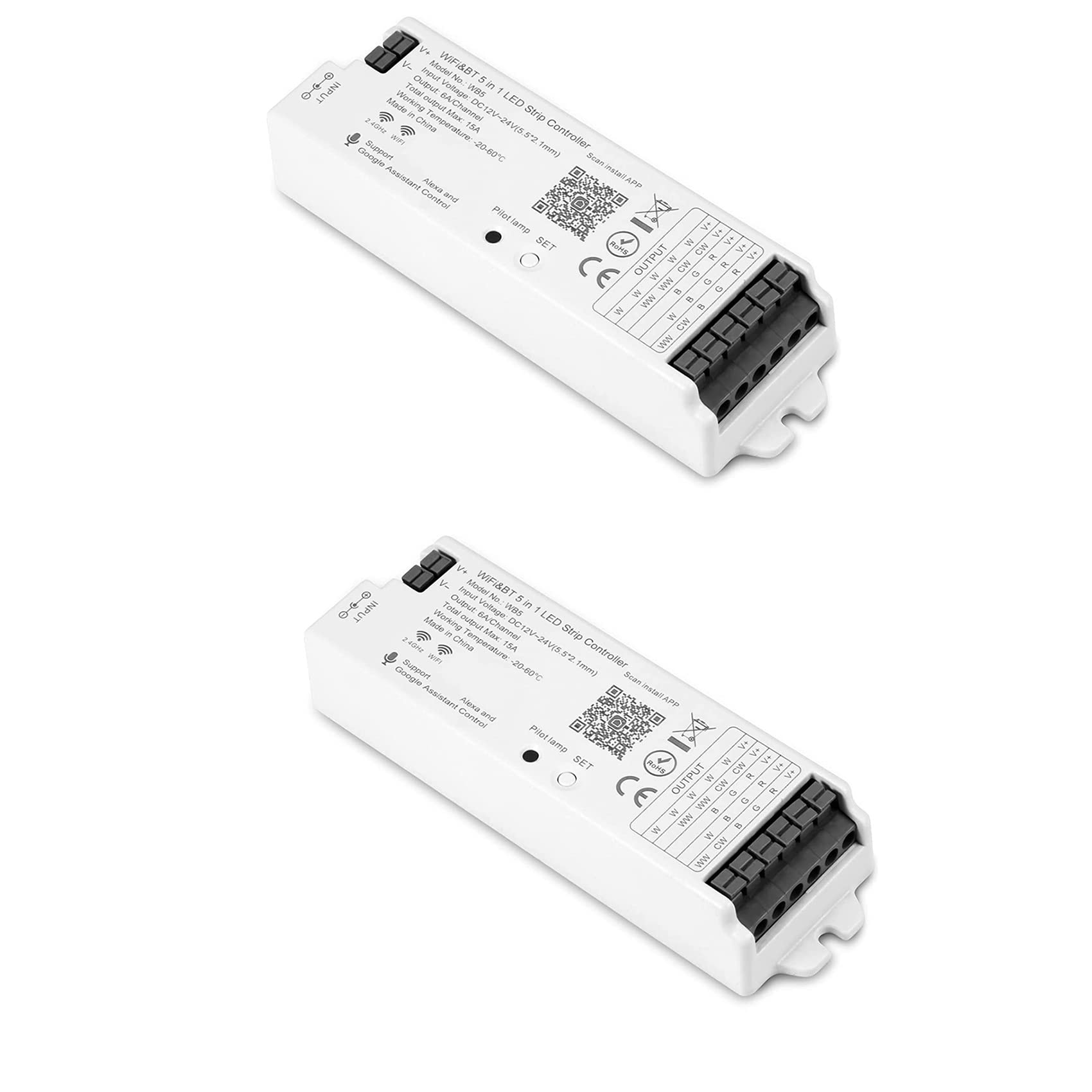 Jnchdghwa 2X WB5 WiFi Bluetooth LED Strip Controller RGB CCT RGBW 5In1 Dimmable DC12-24V Lights Controller for Smart Life APP