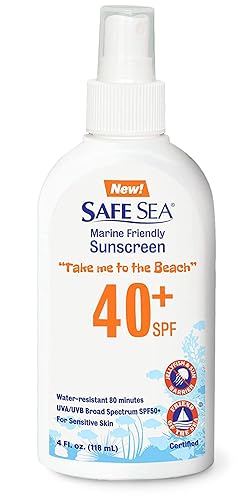 Safe Sea Protector solar con bloqueo de picaduras de medusas, SPF 40+ Spray de 4 onzas líquidas, impermeable, biodegradable, seguro para arrecifes