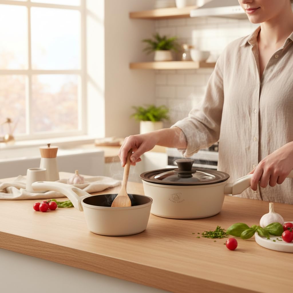 Royal Swiss® 5-teiliges Töpfe-Set mit abnehmbarem Griff | Kochtöpfe 14/16/18/20 cm + Universal-Glasdeckel | Induktionsgeeignet, Platzsparendes Kochset für alle Herdarten (Beige, normal)