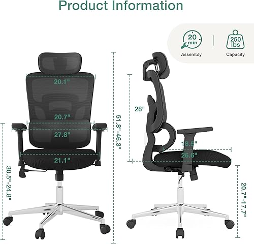 Miniatura 2 de Novilla Silla de oficina ergonómica, silla de juegos de malla con respaldo alto y soporte lumbar ajustable, silla de oficina giratoria grande y alta