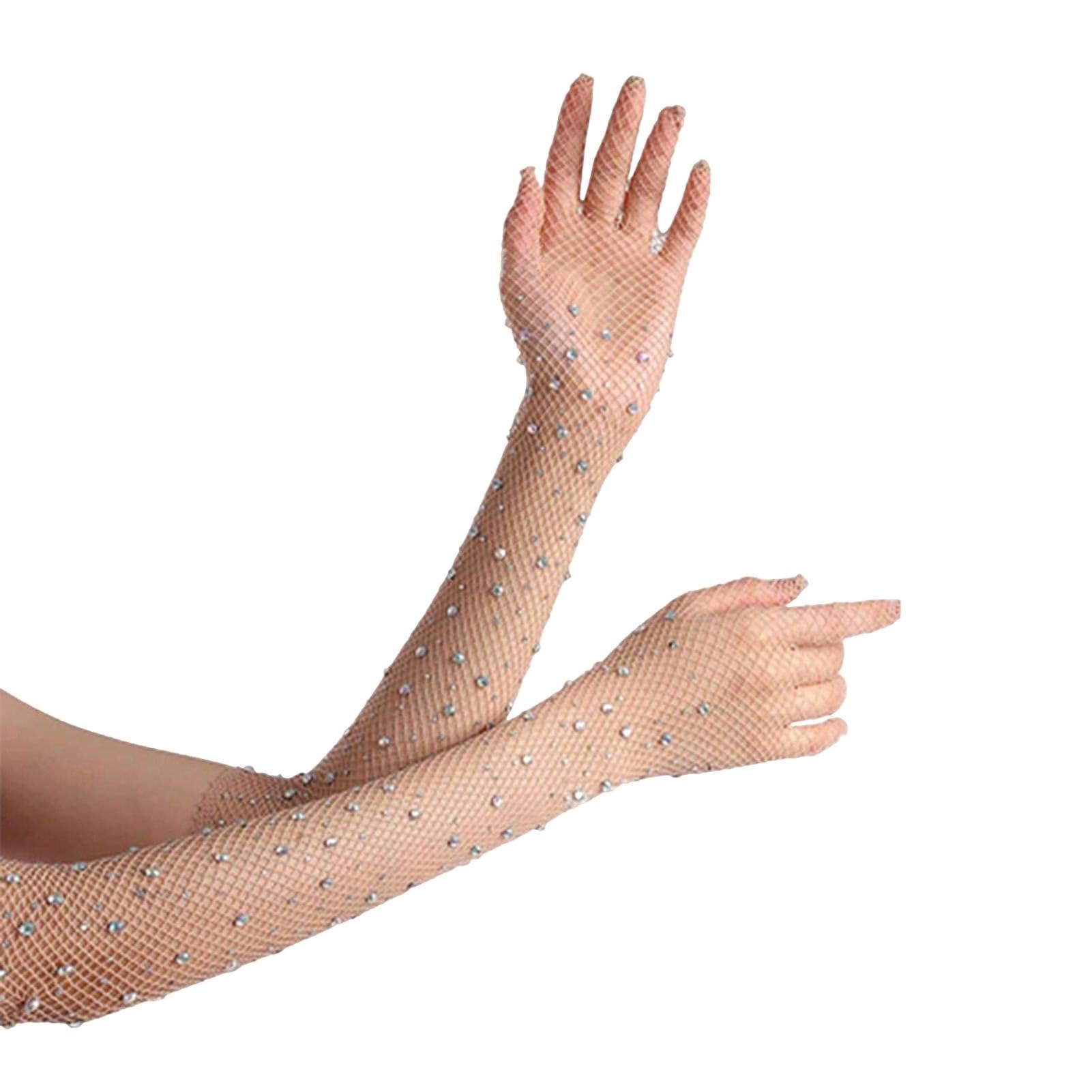 pofluany 1 Pair Women Prom Arm Sleeves See-through Hollow Out Fishnet Rhinestone Decor Ultra Thin Fingerless Performances Bride Wedding Photo Prop Arm Cuffs Camel