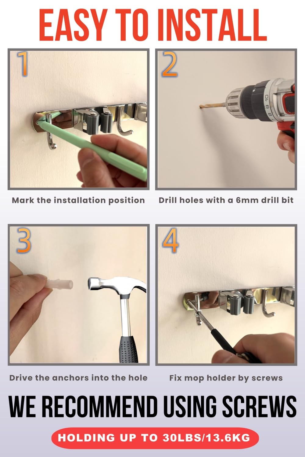 Soporte de pared para fregona y escoba, soporte de pared mejorado, organizador de escobas de acero inoxidable para armario, garaje, lavandería, cocina, decoración de pared (5 estantes, 4