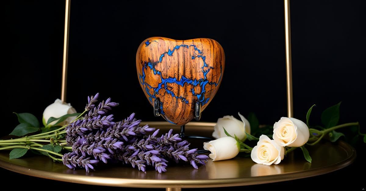 Wooden Heart Shaped Urn for Human Ashes – Small Keepsake Cremation Urn for Men & Women, Blue, 3 Cubic Inches