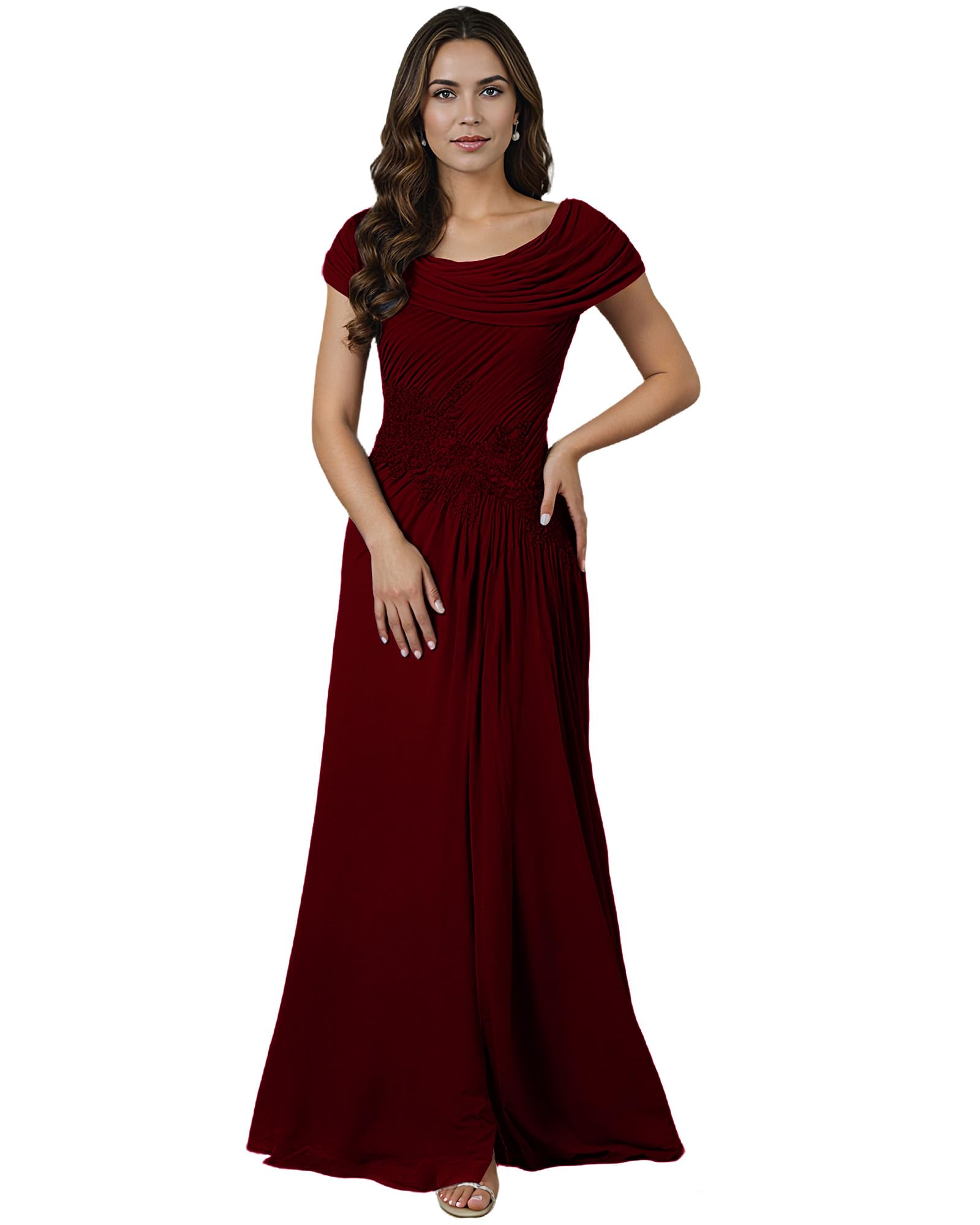 Cap Sleeves Mother of The Bride Dresses - Cowl Neck Long Chiffon Pleated Formal Evening Dresses
