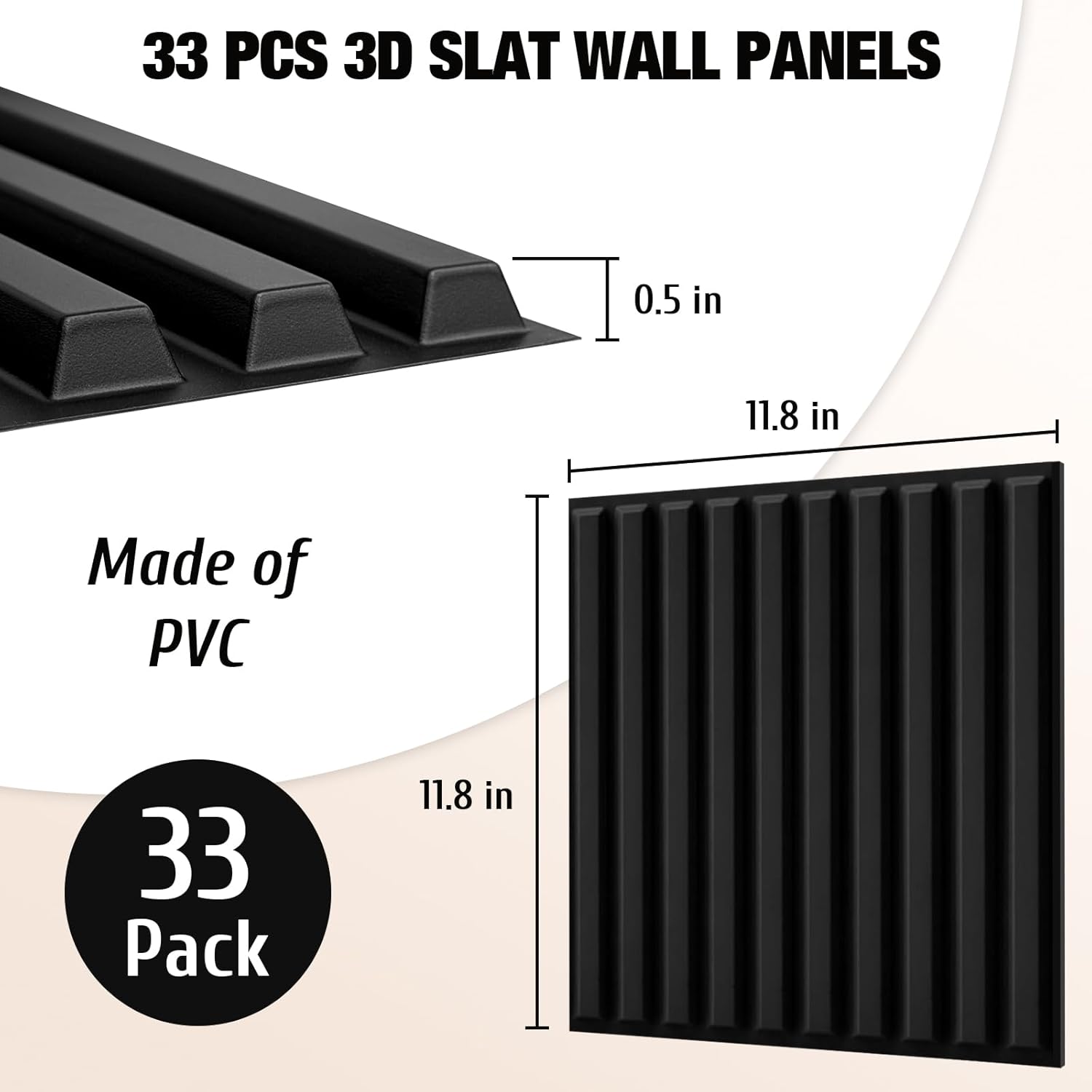 Qidejoy 33 Pcs 3D PVC Slat Wall Panels 12X12in Fluted Textured Paneling Modern Decorative Tiles Cuttable Paintable DIY Wall Art for Interior Decor, Bedroom, Ceiling, TV Background, Bathroom (Black)