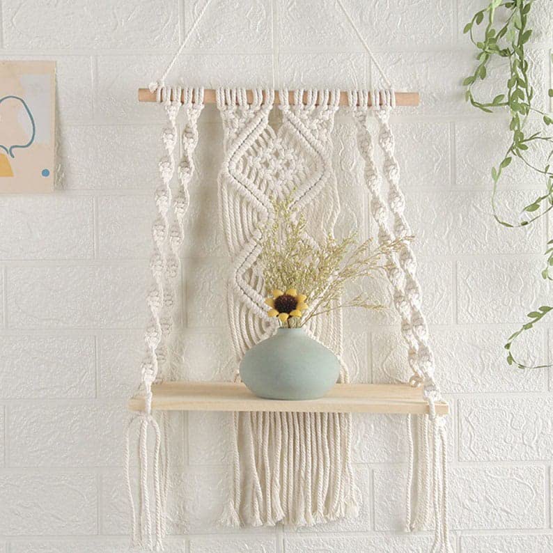 TMS | Macrame Wall Hanging Decor | Macrame Wall Hanging Shelf | Wood Floating Hanging Shelf Storage Shelf Bohomian Wall Décor (Size 10 x 5 x 22 Inches) 1 Pcs, Off-White