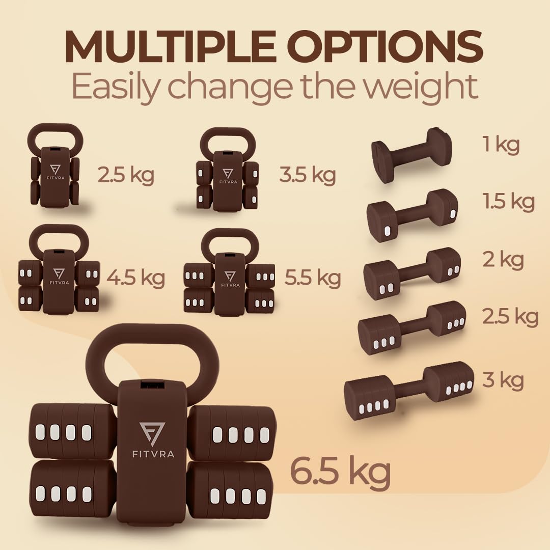 Regulowane hantle 2 w 1, zestaw hantli i brązowy kettlebell | Regulowane hantle do domowej siłowni: hantle 1-3 kg, kettlebell 2,5-6,5 kg i 3 gumki