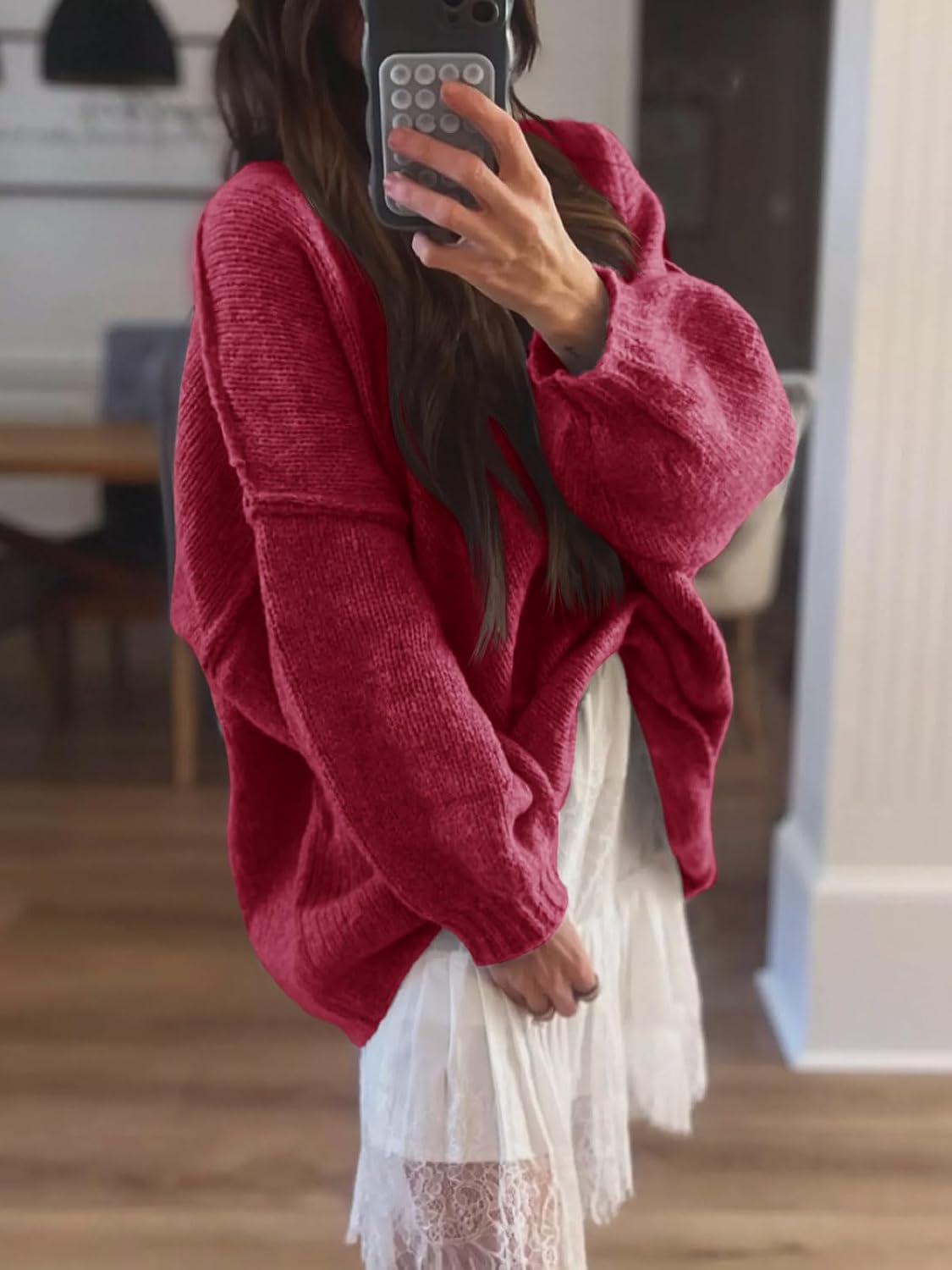 Saodimallsu Womens Oversized Sweater Chunky Crew Neck Long Lantern Sleeve Knit Fall Trendy Tunic Sweaters Top - Image 2