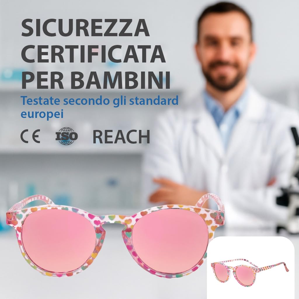 Kiddus Occhiali da Sole Bambina 4–7 Anni Polarizzati UV400 CAT3, Montatura TR90 Flessibile e Leggera, con Cordino Regolabile, Senza BPA, Protezione 100% UVA UVB, Certificati CE