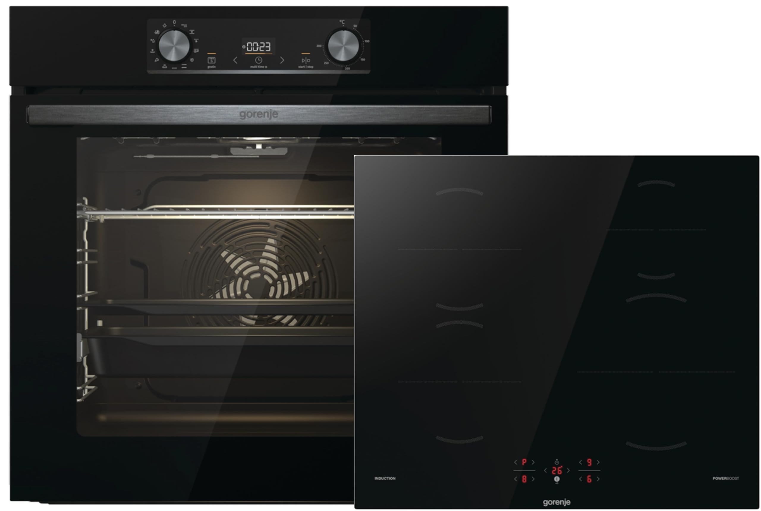 Gorenje Black Induction Set 2, Kombination aus autarkem Kochfeld GI6401BSC und Einbau-Backofen BOS6737E06BG, 77L, Made in Europe, ExtraSteam, AirFry, PizzaMode 300°C, PerfectGrill, schwarz