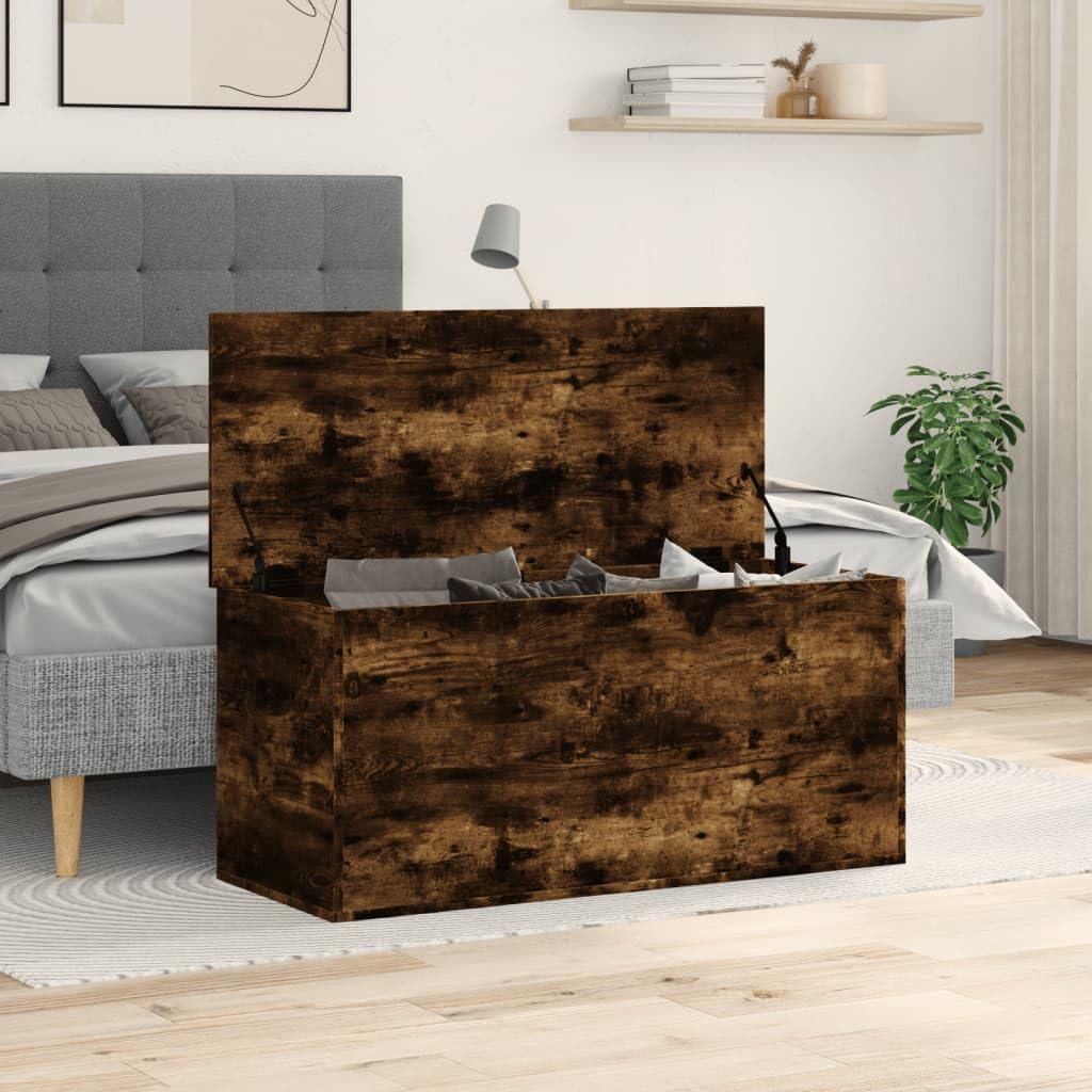 Homgoday Baúles y baúles para exteriores, contenedor de roble ahumado, 100 x 42 x 46 cm, madera contrachapada, baúles y baúles para exteriores, contenedor de jardín, porta herramientas de jardín, puf