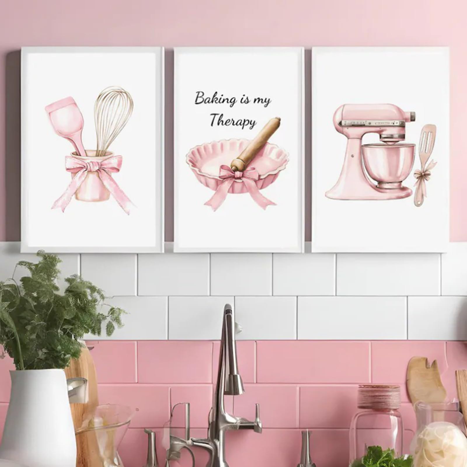 ZBELLO Set of 3 Posters, Pink Retro Kitchen Canvas Print, Cute Mixer & Baking Utensils Canvas Prints, Stylish Wall Art for The Kitchen, Bedroom or Student Accommodation, Unframed (30x40cm)