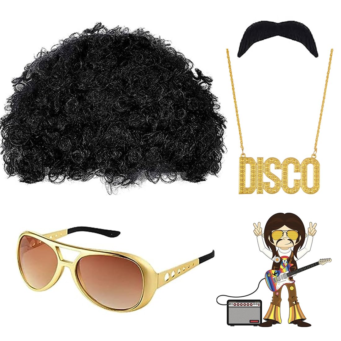 21Fashion 80er Jahre Kostüm-Set – Afro-Perücke, Schnurrbart, Sonnenbrille & Dollar-Halskette – Für Partys & Cosplay