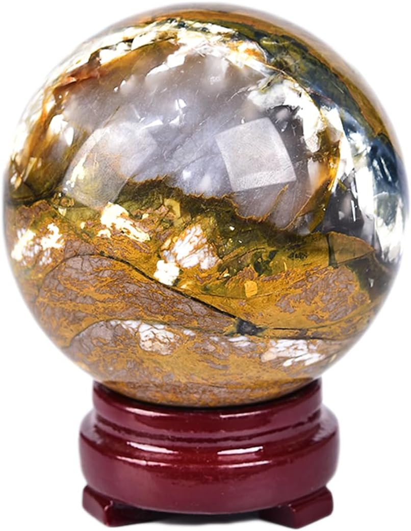 JIC Gem Natural Blues and Golden Browns Pietersite Sphere with Wooden Stand - Quartz Crystal Ball Healing Ornament Specimen Altar Reiki Crystal 60-70mm