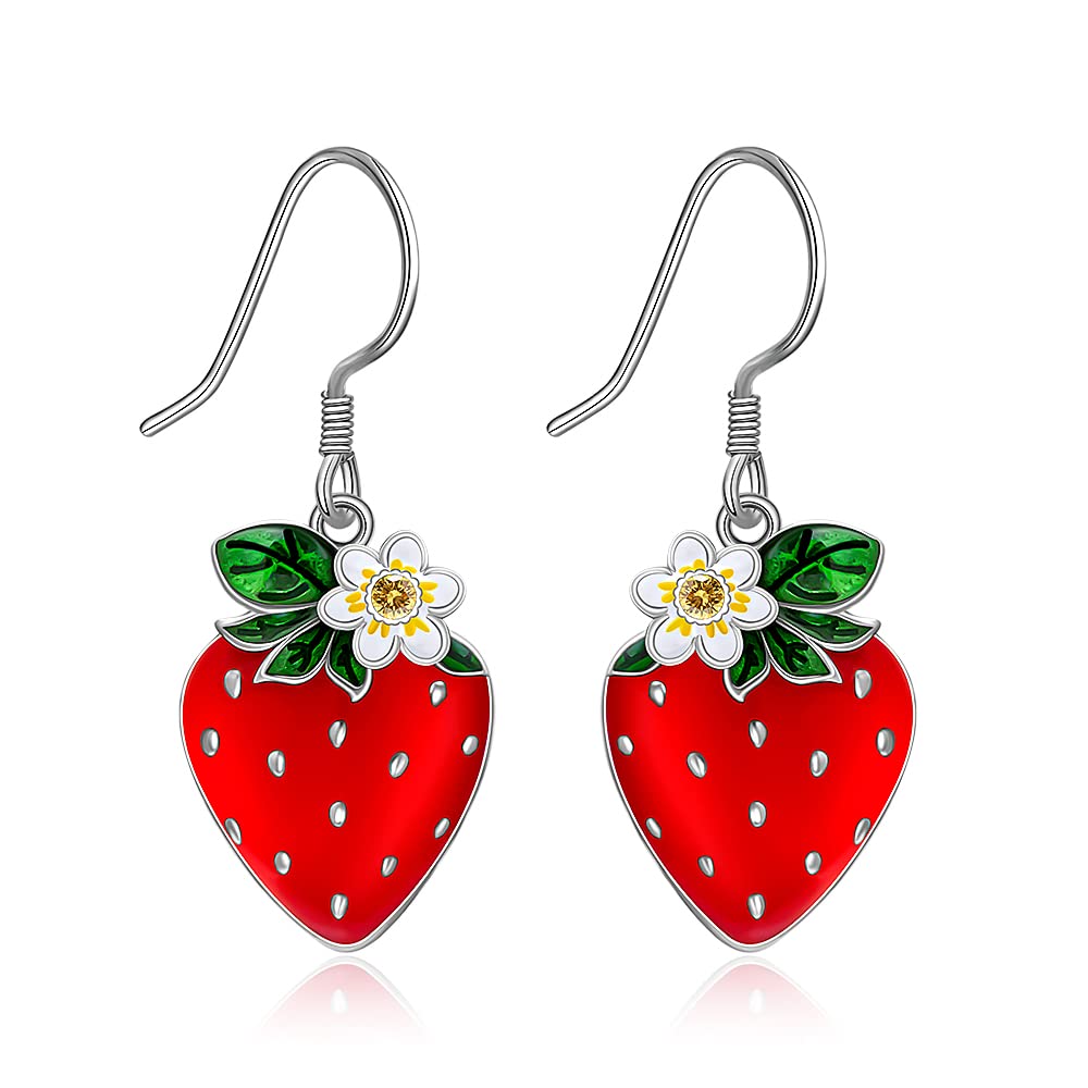 Strawberry Earrings Red Strawberry Dangle Sterling Silver Flower Earrings for Women Fruit Blossom Strawberries Gift