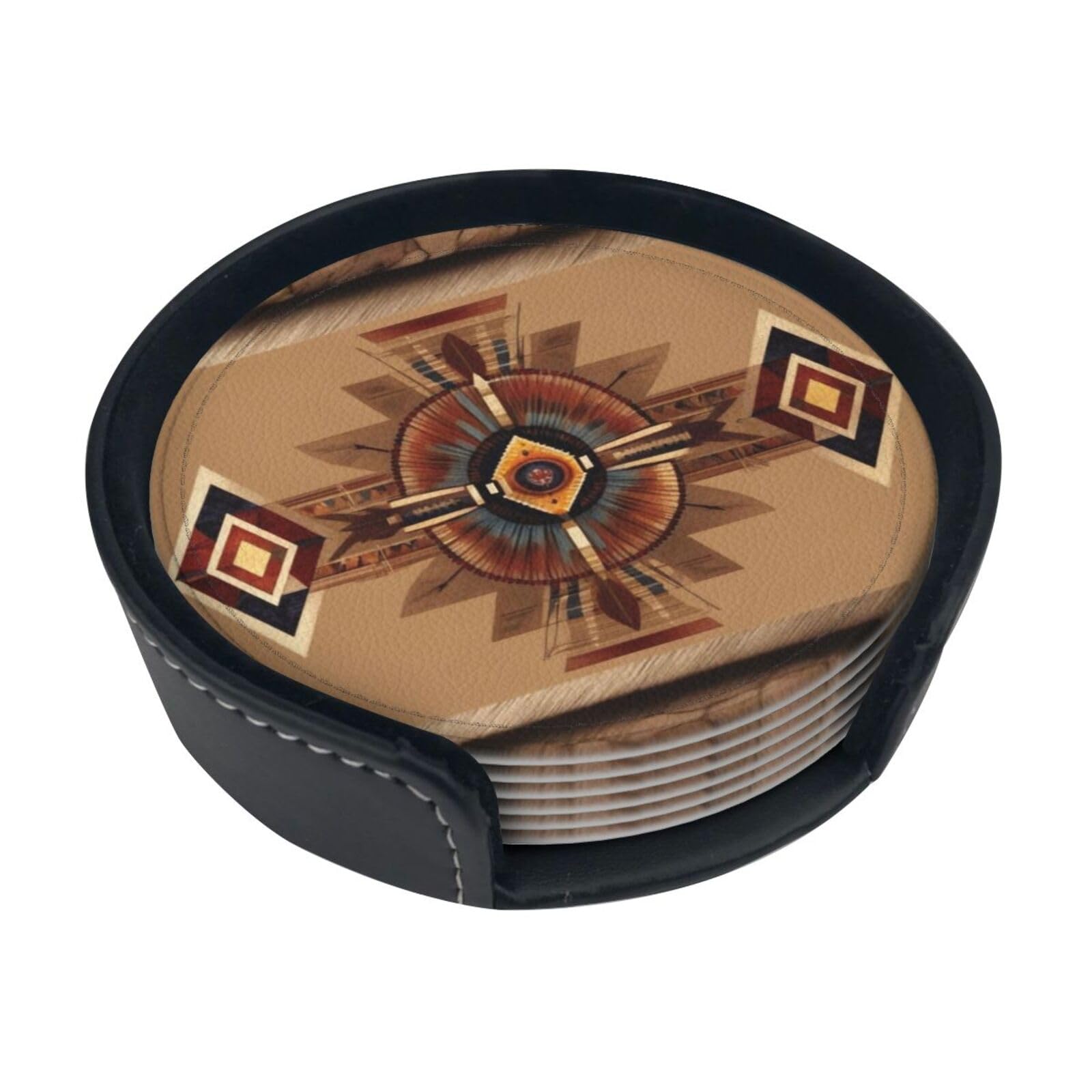 Cntdbu White Native American Patterns Leather Coasters Set Of 6-Pu Leather Drink Mats For Table, Heat Resistant Round Coasters With Holder